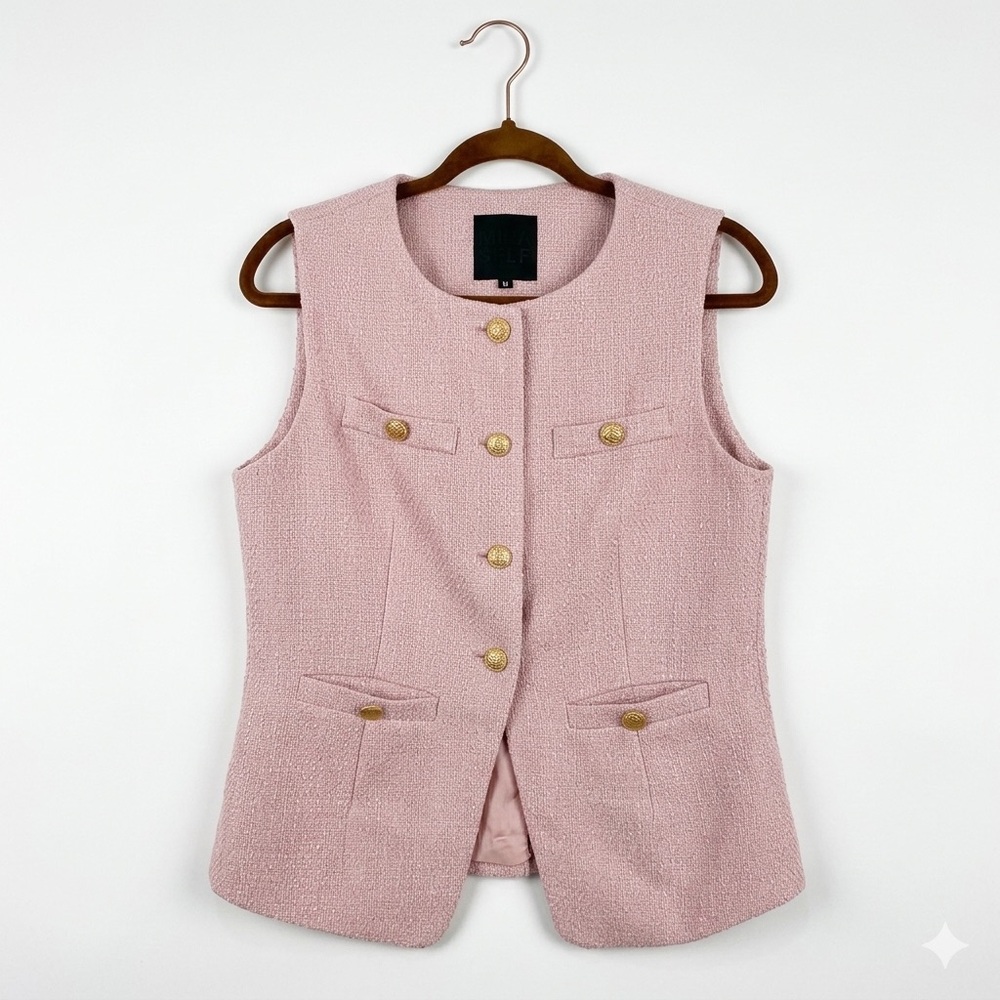 Mina Self Pink Tweed Vest Gold Button Textured Blazer Waistcoat Mauve Medium